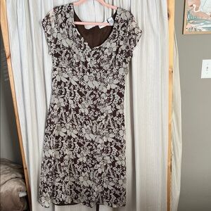 Vintage Floral Brown and Cream Midi Dress